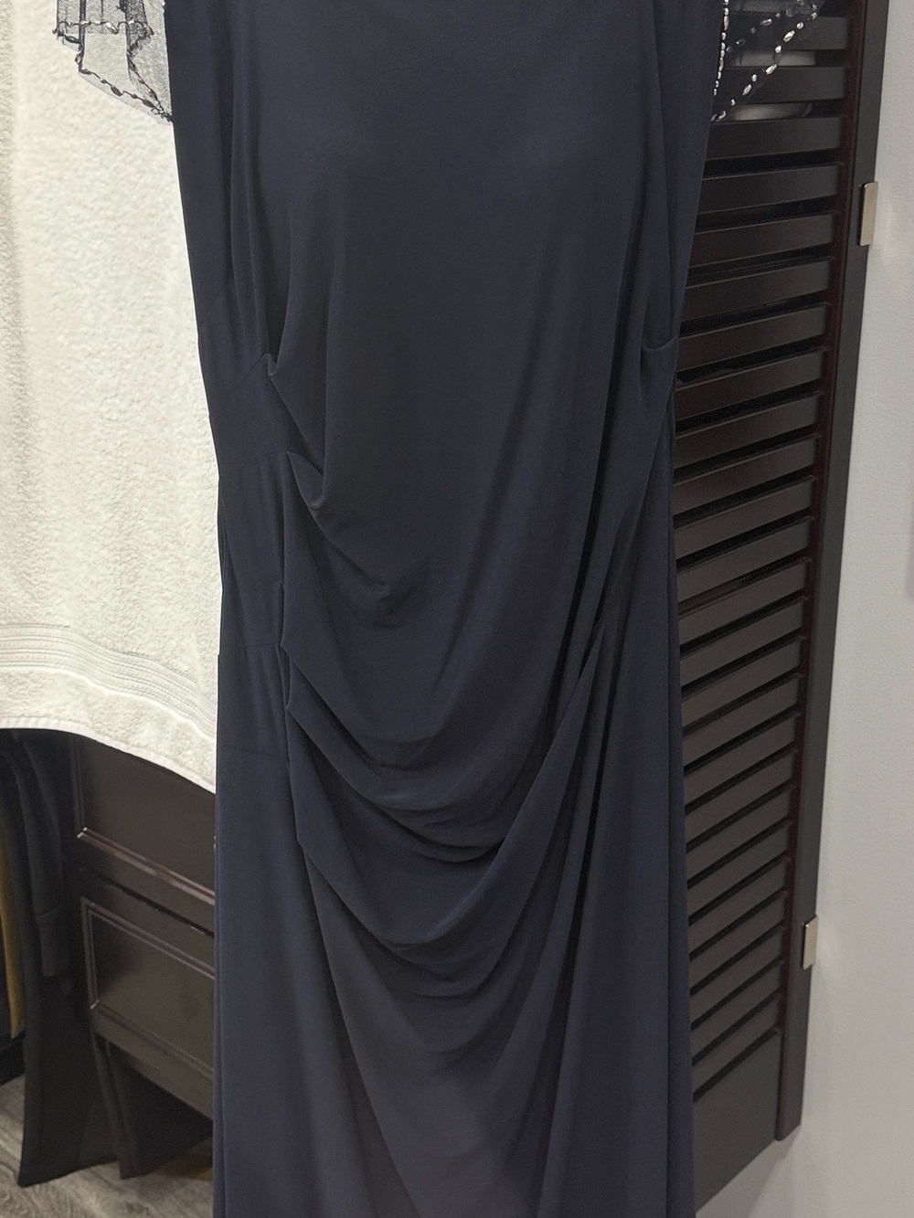 Betsy & Adam Black Beaded-Shoulder Draped Maxi Dress - Picture 1 of 3